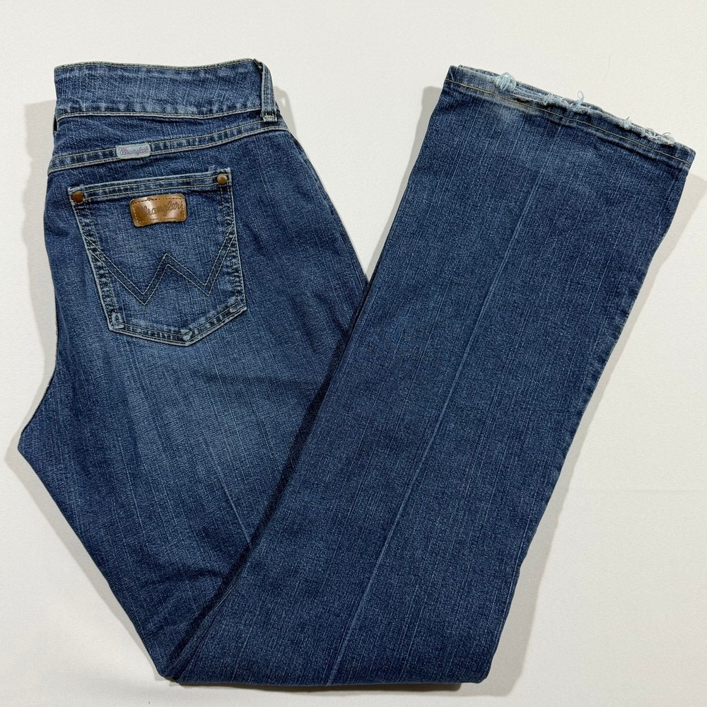 Wrangler Premium Patch Bootcut Jeans Womens 11/12x34 Dark Wash Low Rise Frayed